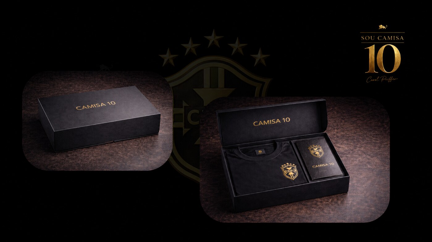 Kit dos Fundadores — caixa preta com camisa CNPJ e brasão dourado